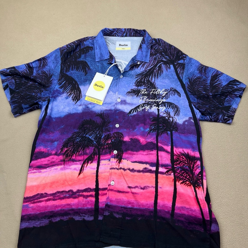 Duvin Filthy Flamingo Surf Gang Button Up Shirt, Cocktail Top, Pink Skies. Sz M